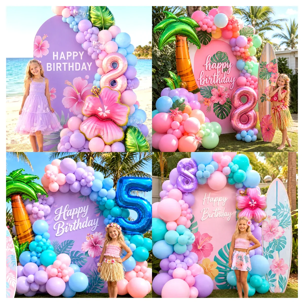 Balloon Bouquet,Stitches Cartoon Pattern Balloons With Hibiscus And Coconut Palm for Summer Island Hawaiian Birthday Party Decor