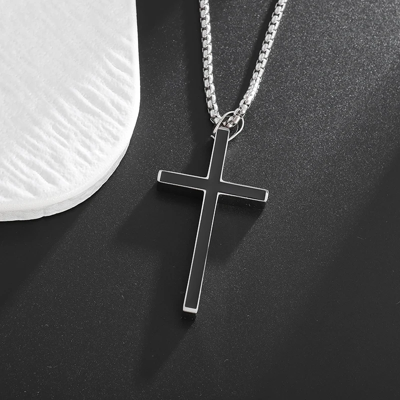 Stainless Steel Black 3D Cross Pendant Christian Jesus Amulet Necklace for Men and Women Rock Party Charm Jewelry Accessories