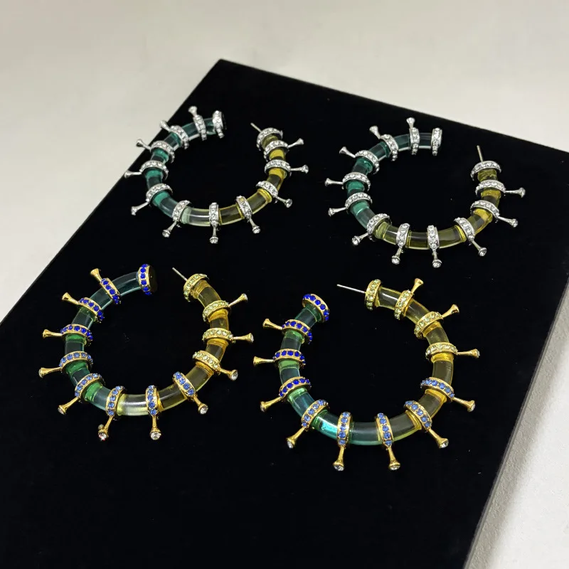 Luxury Extravagant Colored Gradient Resin Round Transparent Zircon Earrings Party Fashion Hoop Earrings HUANZHI 2026 NEW