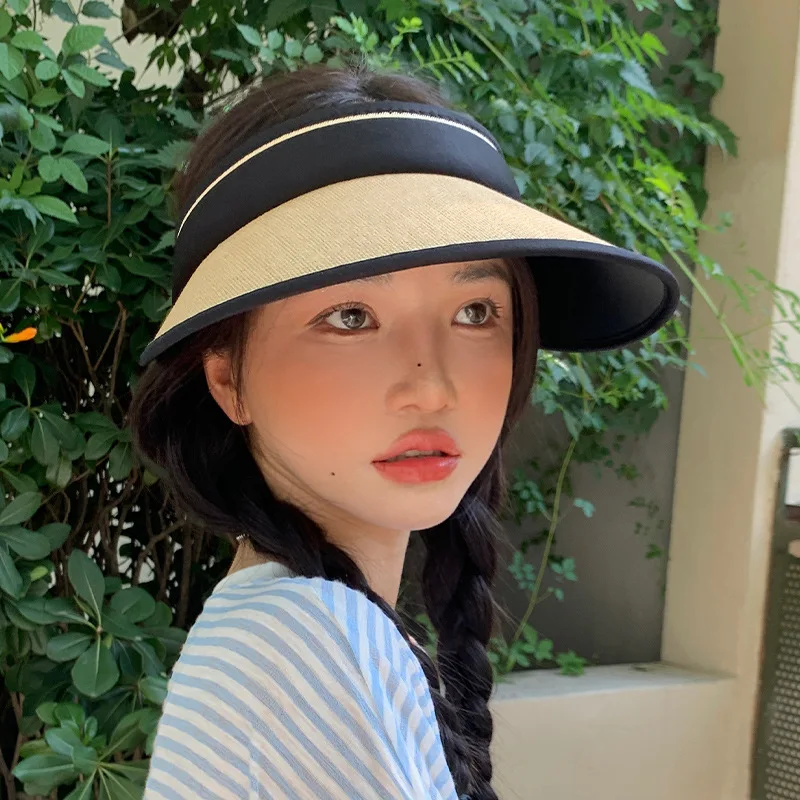 Summer Straw Hat for Women Foldable Empty Top Sun Hat Outdoor Beach Anti-UV Protection Wide Brim Female Sunscreen Visor Cap 골프모자