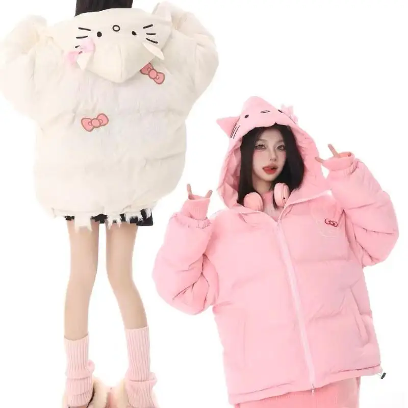 Sanrios Hellokitty Down Jacket Sweet Girl Autumn and Winter Thickened Cute Hooded Cotton Coat Loose Couple Outdoor Travel Coat