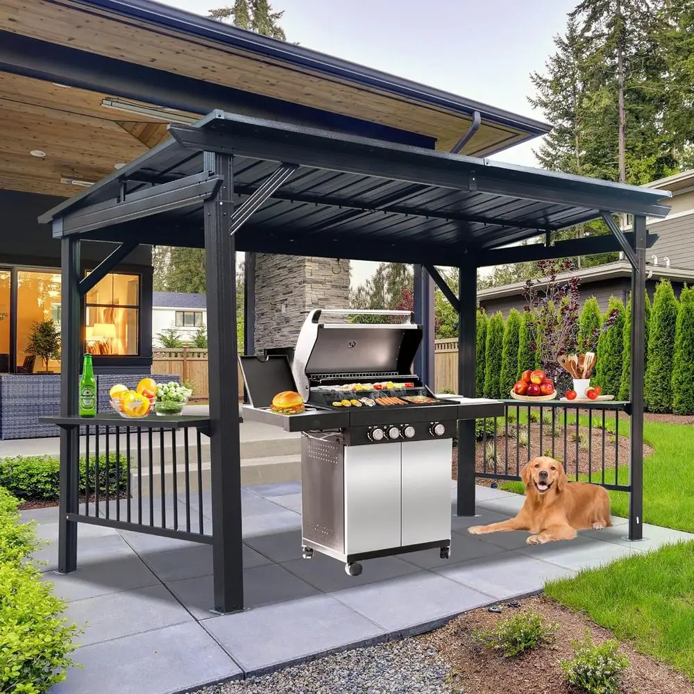 

All-Weather Hardtop BBQ Gazebo with 2 Side Shelves, 4 Ceiling Hooks, Galvanized Steel Roof - Grey