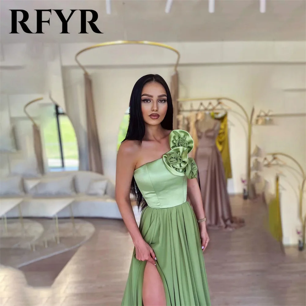 RFYR Sage Green Prom Dresses 3D Bow On Shoulder Party Dresses Chiffon Side Split vestidos de fiesta Sweep Train Formal Dresses