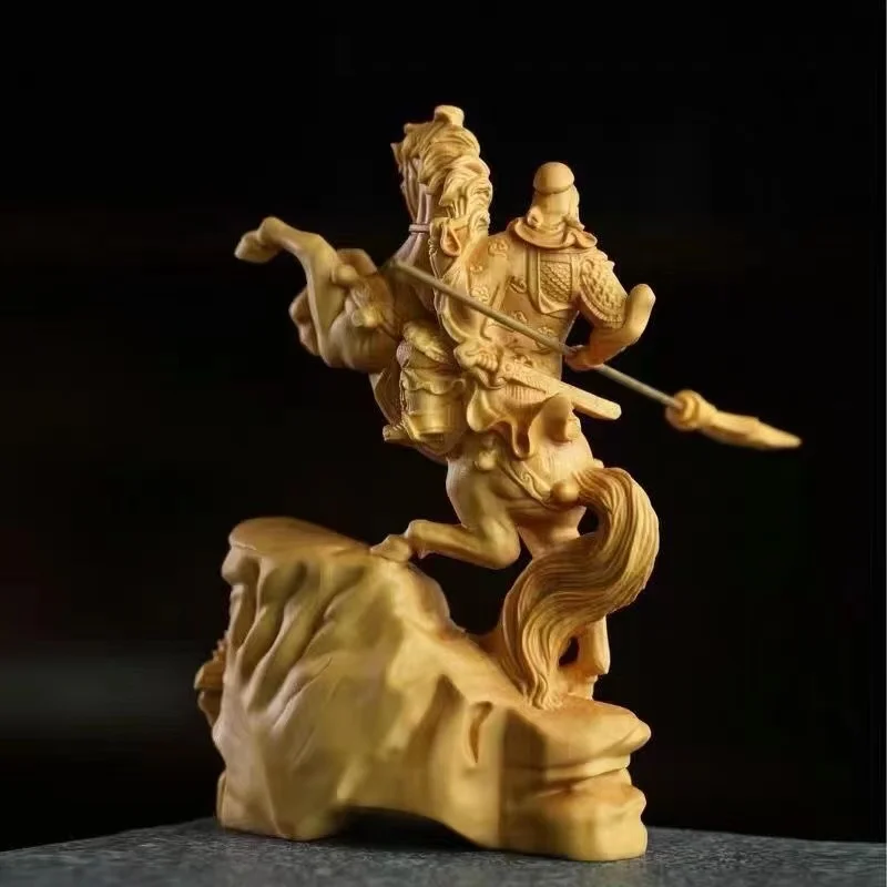 Wood Carving Riding a Horse Guan Gong God of Wealth Statue Chinese Mythological Figure Home Room, Office Decoration Accessories
