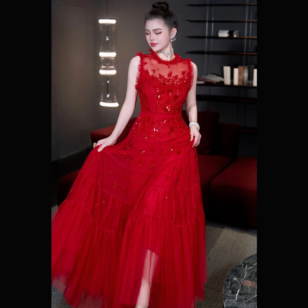 Meyyithun Vestido de mujer de malla con lentejuelas plisado Línea A cuello redondo Vestidos largos Ocasión a medida Estilo moderno Vestidos de fiesta sin mangas