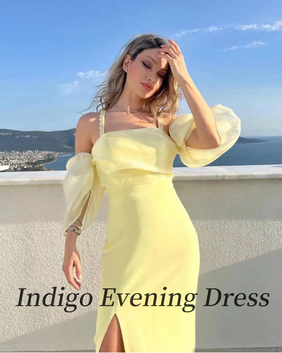 Indigo vestidos de noite 2025 frisado espaguete fora do ombro fenda lateral feminino elegante formal vestido de festa robe de soiree personalizado