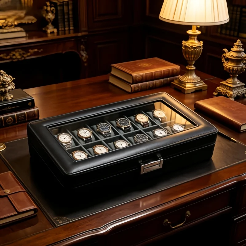 

Business Gift 12 Slot Leather Watch Box Set, Lockable Watch Organizer + 6 Self-Closing Pouches for Colleagues Boss