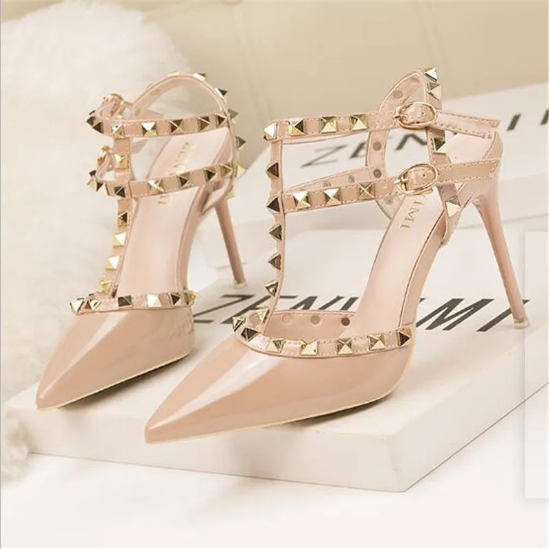 2023 NEW 10CM PUMPS Fashion Rivet Ladies Pointed Toes Shallow Mouth High Heel Single Shoes Women's Summer New Style Sandals