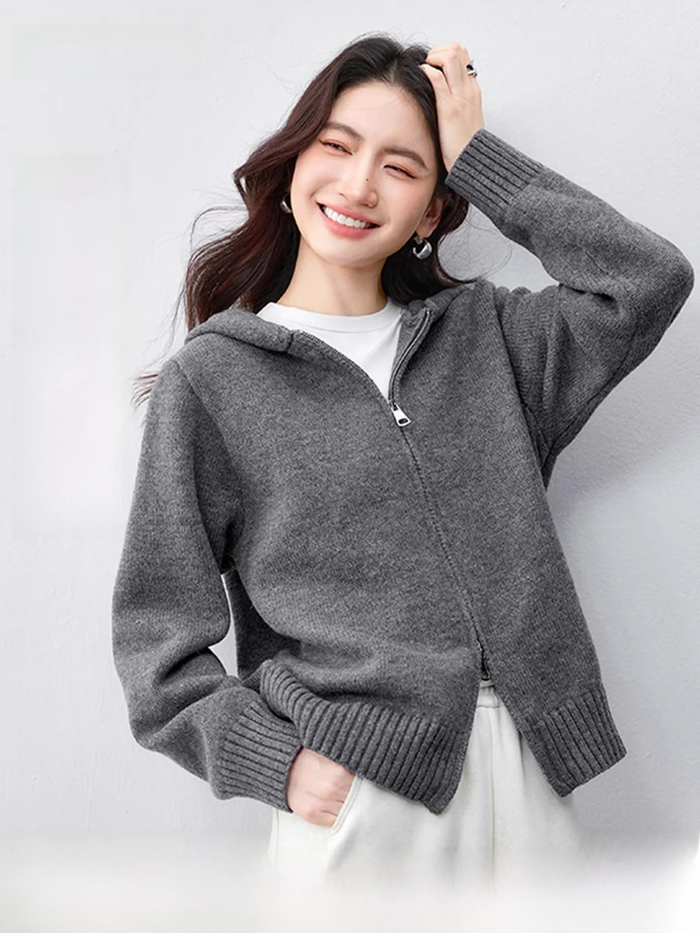 

Coralline Fce Open Cardigan Sweater Women's Autumn Winter Simple Commute Hooded Double Zipper Knitted Outerwear