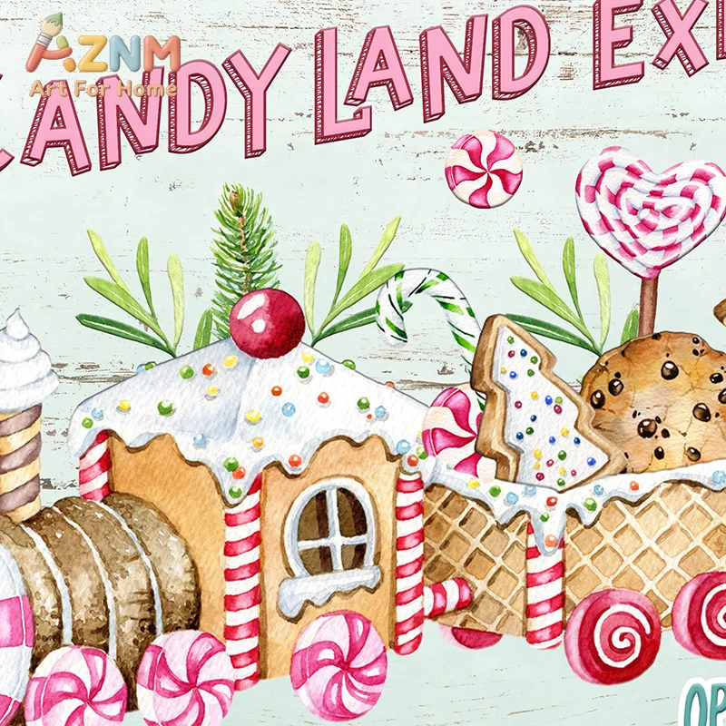 Kitchen Christmas Wall Art Print Hot Chocolate, Candyland Express, Gingerbread Bakery Sign Poster Vintage Canvas Painting Decor