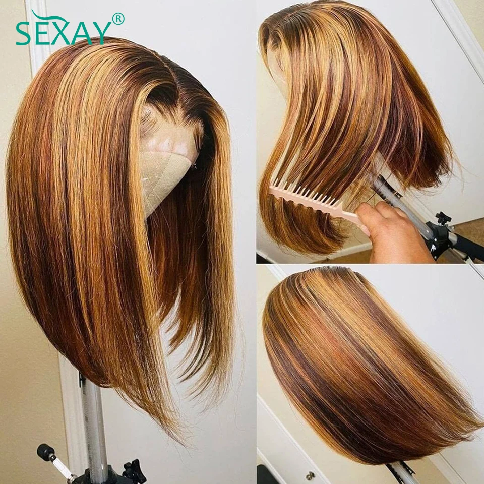 Highlight Colorful Lace Front Wigs Human Hair Piano Color 4/27 Blonde Short Bob Wigs Pre Plucked Transparent Lace Front Wig