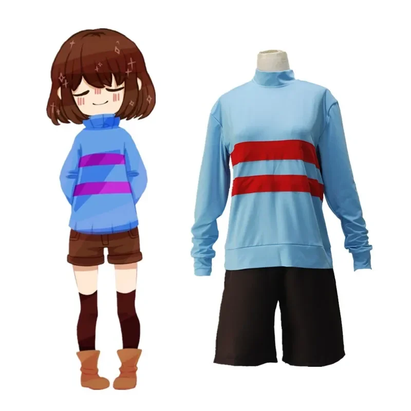 Frisk Chara Undertale cosplay costume men women clothing set high collar sweatshirt jacket shorts knife heart necklace