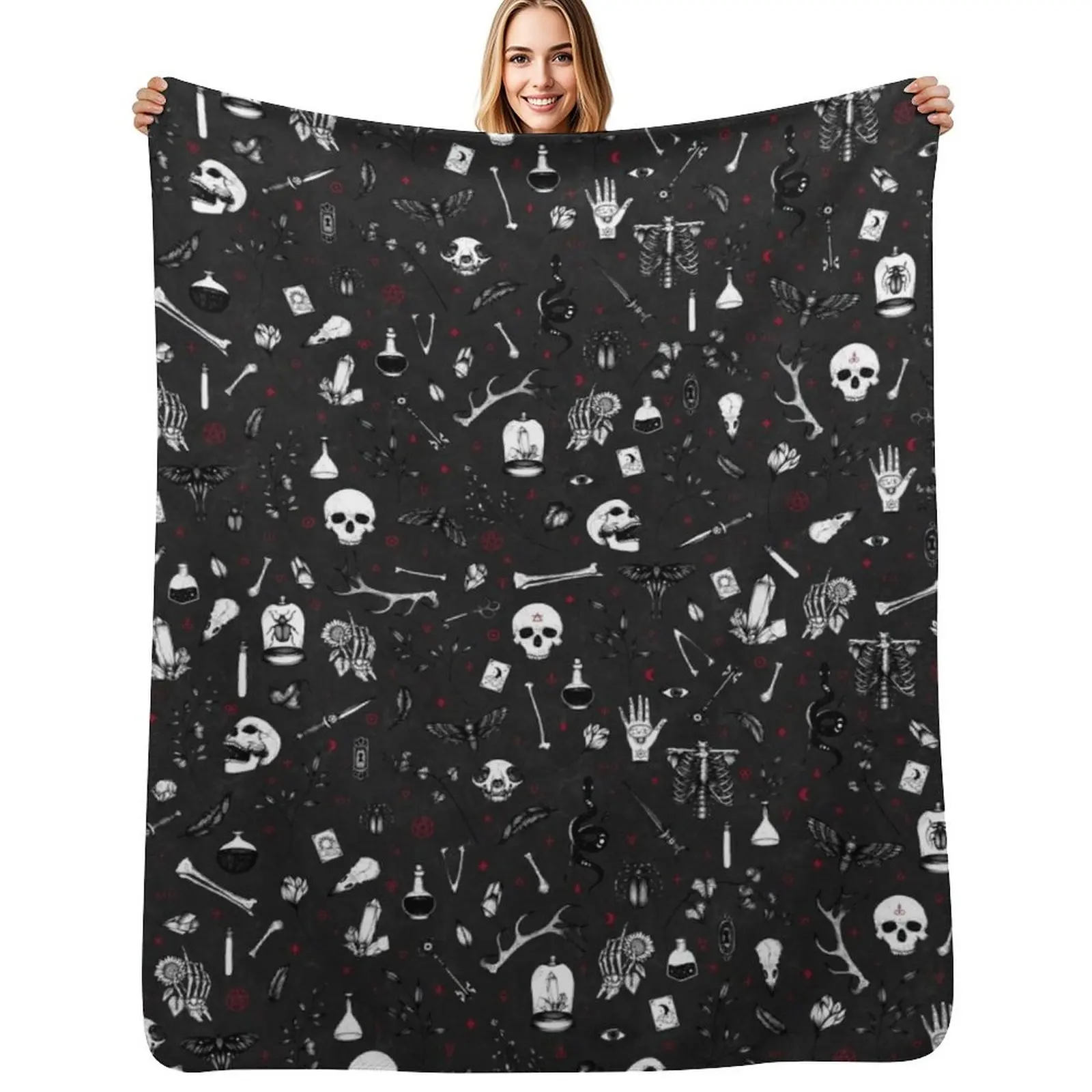 

Black and Red Witchy Pattern Throw Blanket Cute Flannel Fabric Camping Hairy Blankets