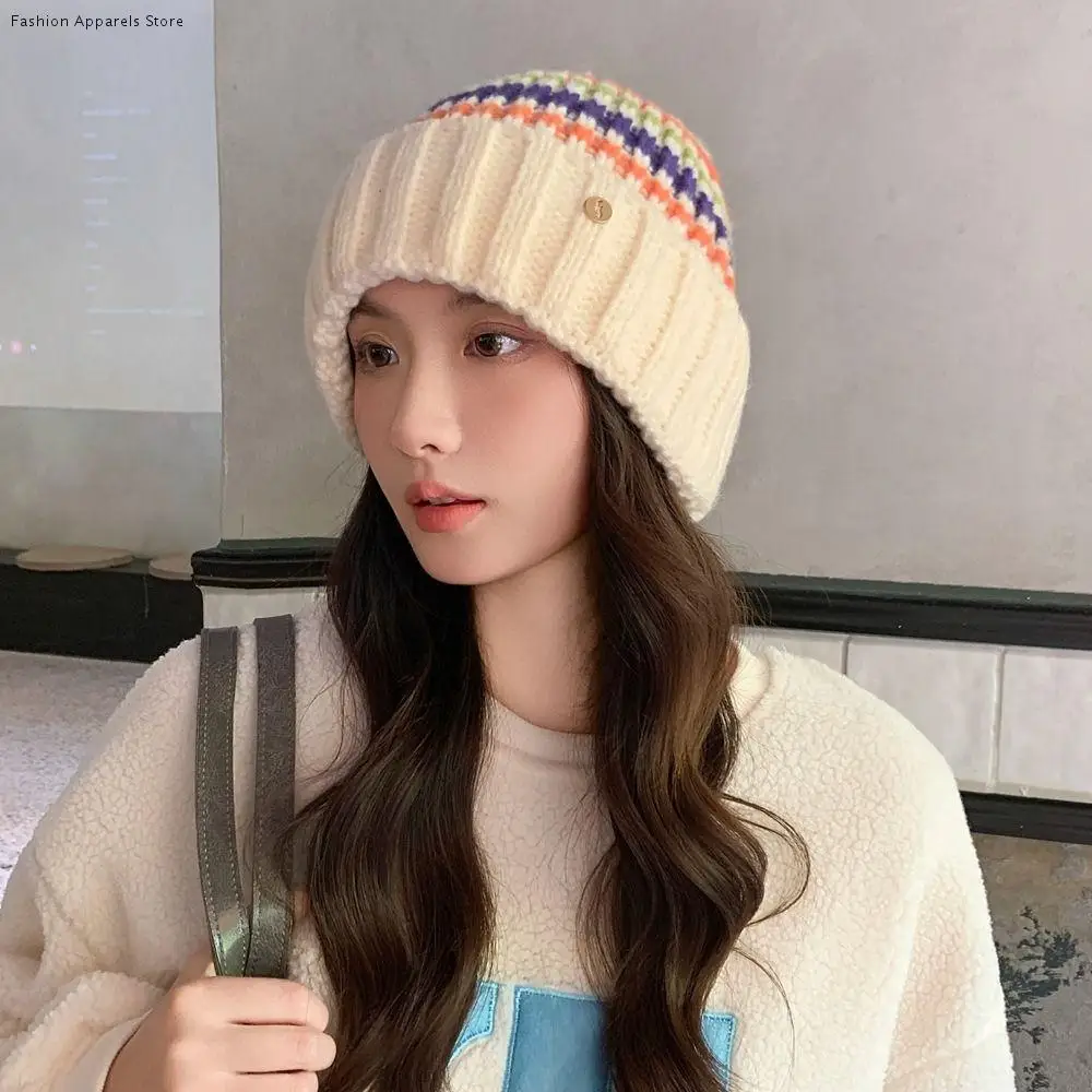 

Vintage Striped Knitted Hat Trendy Breathable Casual Wool Hat Korean Style Coldproof Winter Pullover Hat Spring and Summer