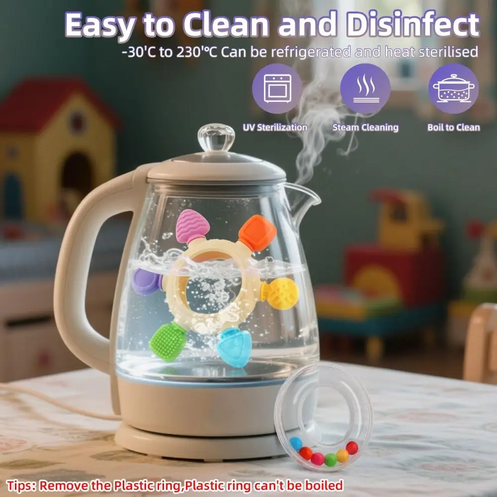 حلقات تسنين للأطفال خالية من مادة BPA، ألعاب حسية من السيليكون المهدئ، تصميم مريح لرحم اللثة، عضاضة خشخيشة للأطفال