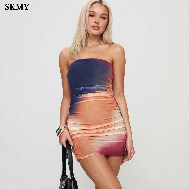 SKMY Sexy Backless Short Skirt 2025 Spring Fashion Party Contrasting Color Bag Buttocks Skirt Print New Summer Hot Girl