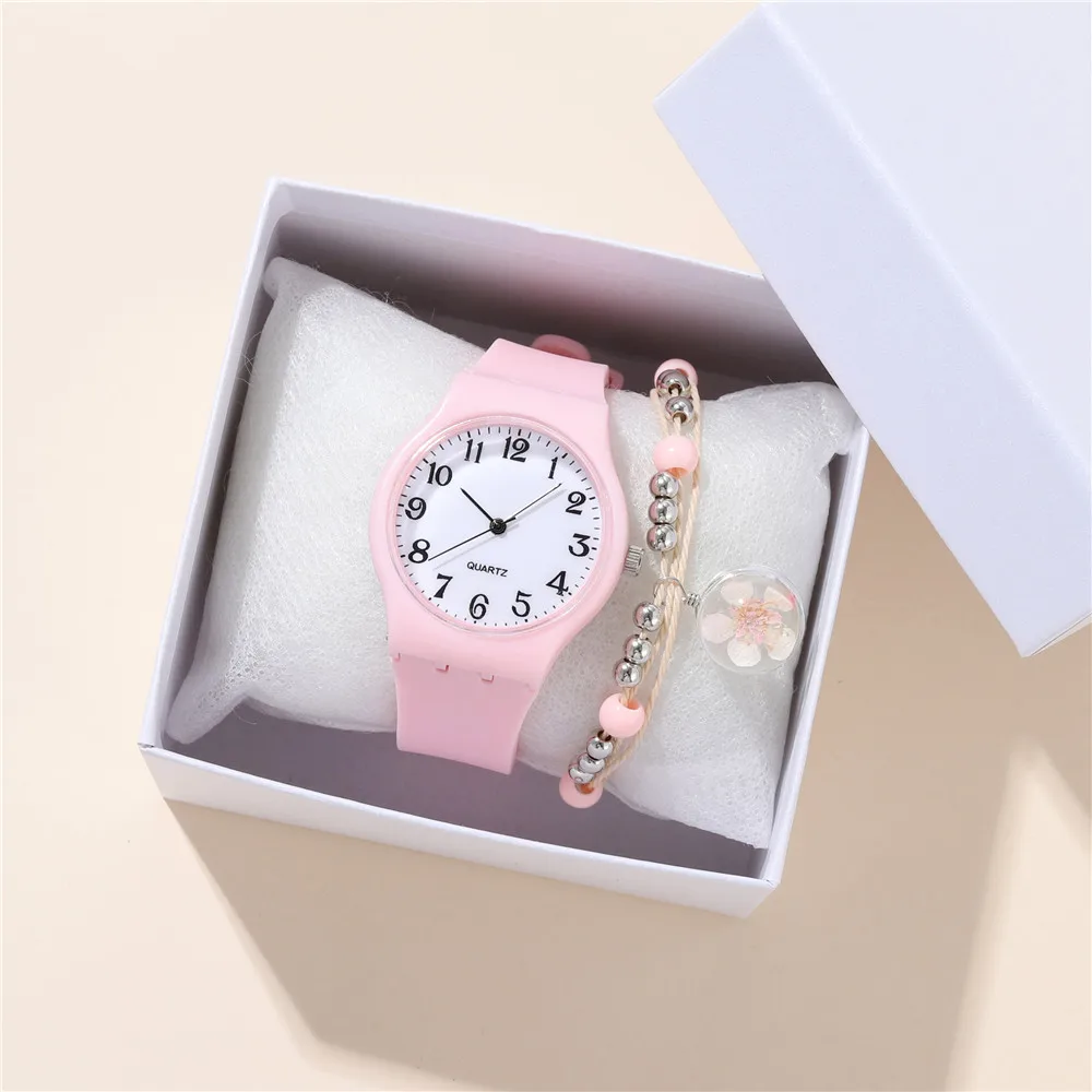 2pcs/set Fashion Candy Color Silicone Strap Quartz Student Watch