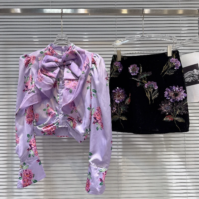 

2025 Autumn New French style socialite bow tie printed design sense elegant shirt+embroidered short skirt two piece set