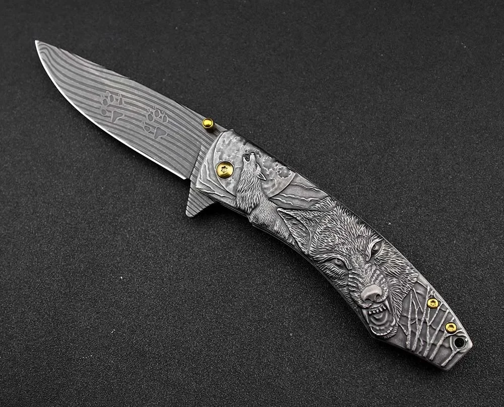 Tactical Folding Blade Utility Knife - Stonewash 3d Wolf Engraved Collection Knife