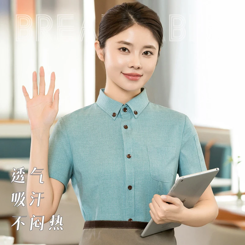 

Short-sleeved work uniform shirt for restaurant staff, suitable for supermarkets, milk tea shops, hot pot restaurants, and dinin