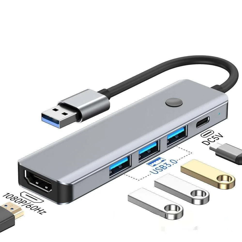 

5-in-1 USB-A Docking Station 1080P HDMI-Compatible 5Gbps Data Transfer 5V Power Supply Multi USB Port for Laptop Desktop Office