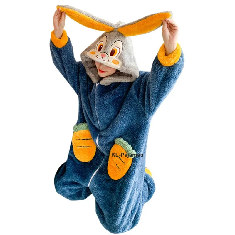 Plush Adults Onesie Pajamas for Women Cute Bunny Fuzzy One Piece Sleepwear Warm Flannel Hooded Fleece Rabbit Cosplay Costume