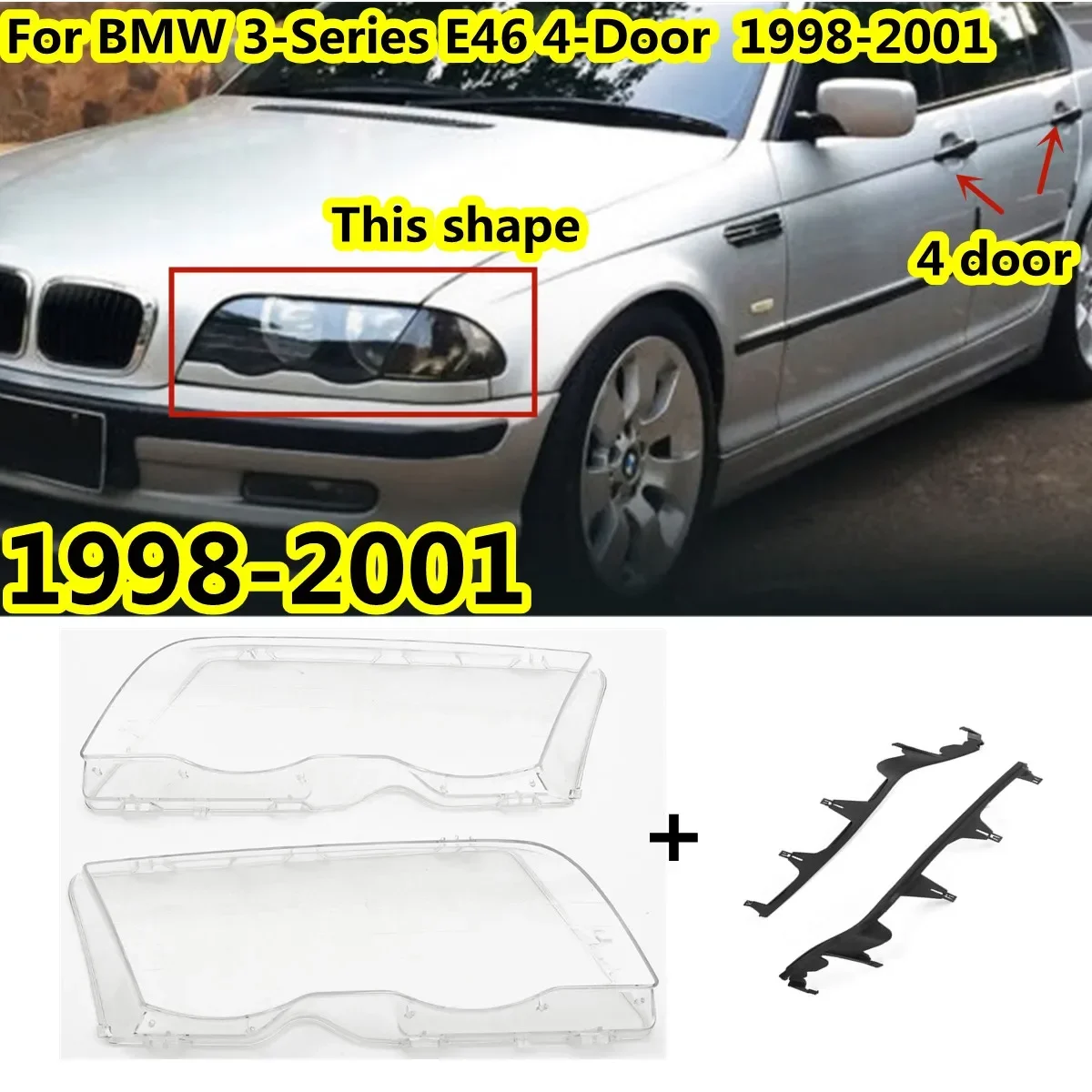 Car Headlight Light Lens Covers + Headlight Strip For BMW 3 Series E46 330xi 325xi 328xi 4-Door 1998-2001 Headlight Lamp Cover