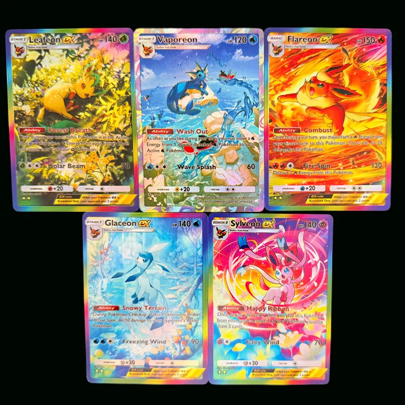 Diy 5 Style PKM TCG Sylveon Flareon Vaporeon Leafeon Glaceon Pocket 2 Star Full Art Collection Flash Card