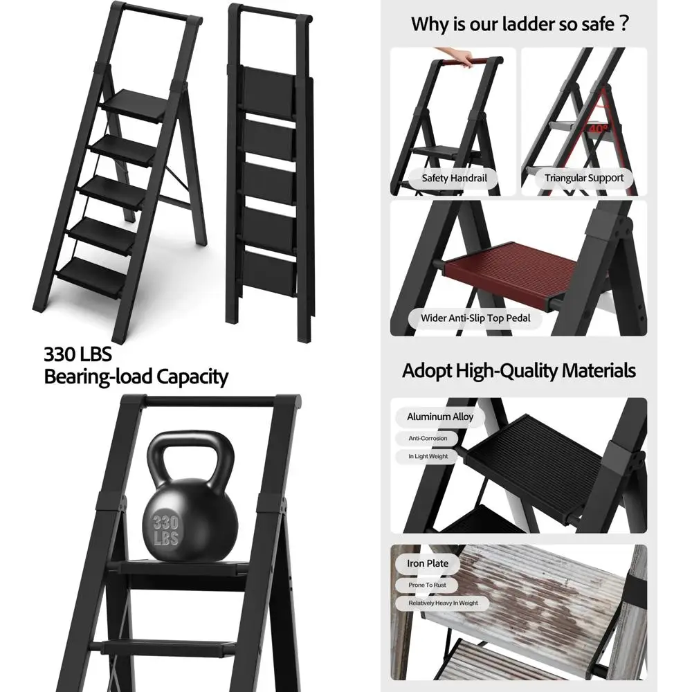 

Aluminum Folding Step Ladder - Lightweight, 330lbs Capacity, with Handgrip for Office and Household Use