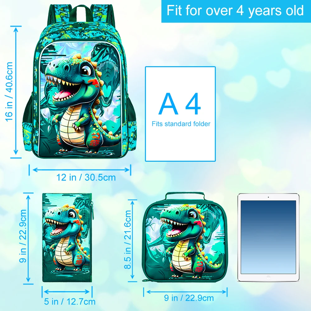 3PCS Backpack for Boys， Water Resistant Kids Bookbag Set with Lunch Box，Cute School Bag for Preschool