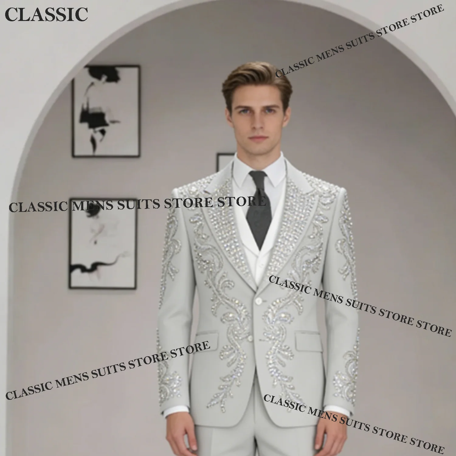 

Customized Fashion Sequins Diamond Men Suits Luxury Embroidery Wedding Tuxedos Slim Ropa hombre 3 Pieces Sets Groom Male Blaze