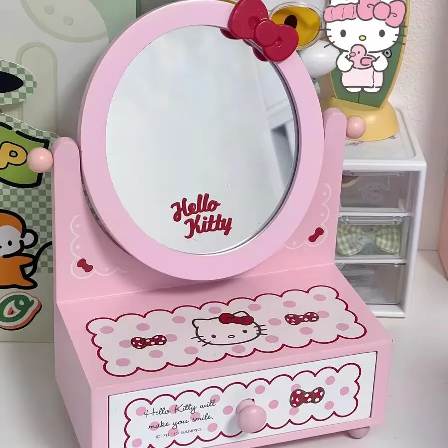 Sanrio Hello Kitty Makeup Mirror Desktop Storage Accessories Case Children's Bedroom Desk Mirror Jewelry Box Women's Desk Decor