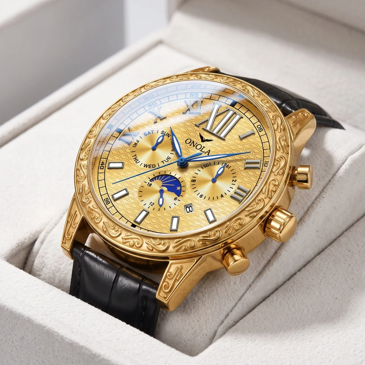 ONOLA Men's Round Mechanical Watch, Alloy Case Engraved With Moon Phase, Date, And Roman Numerals, Luxury Business Watch