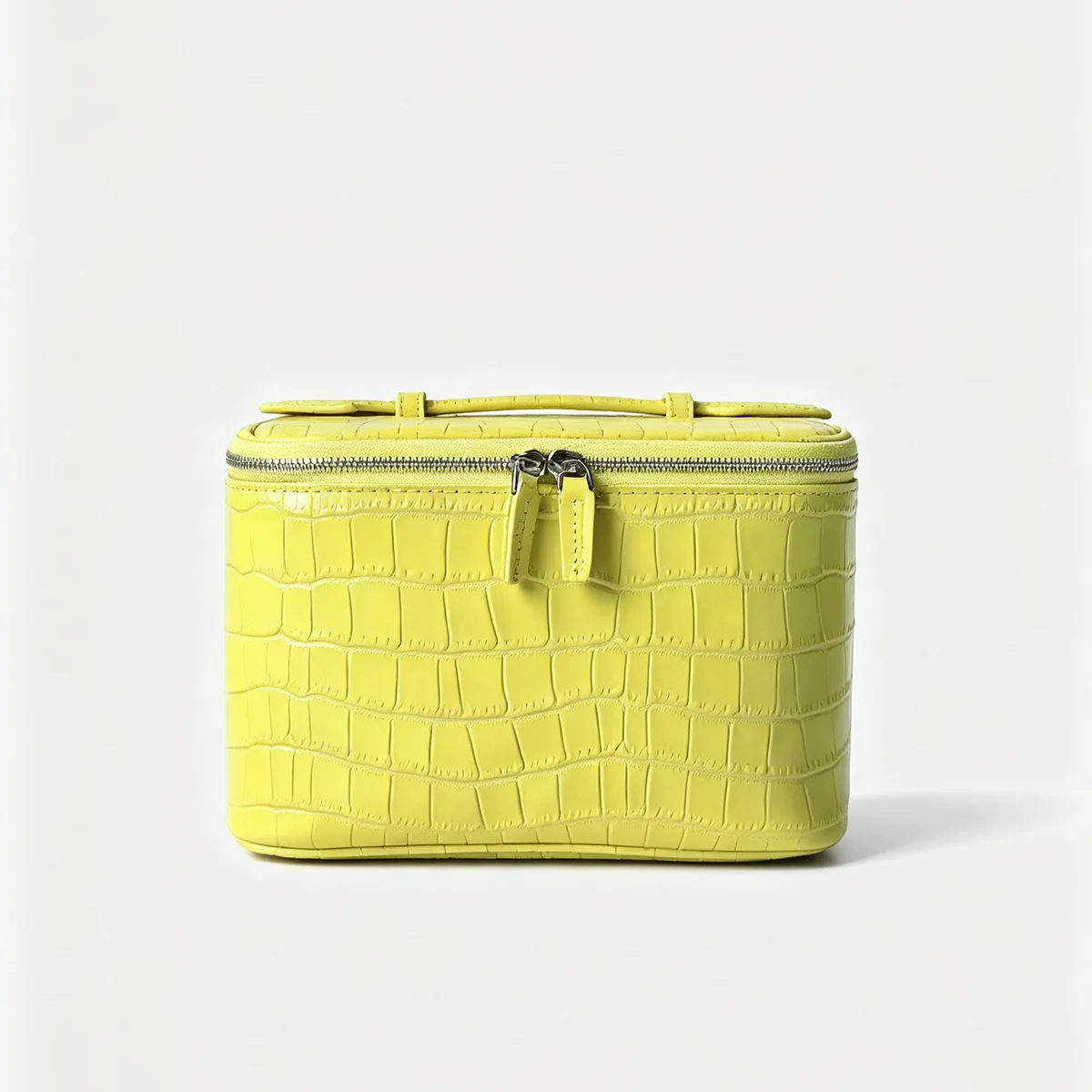 Authentisches Leder-Kosmetikset für Damen, Zitronengelbe Farbpalette, Beauty-Organizer, hochwertiges Rindsleder, Krokodilprägung, Reise-Waschtasche – Detail 10