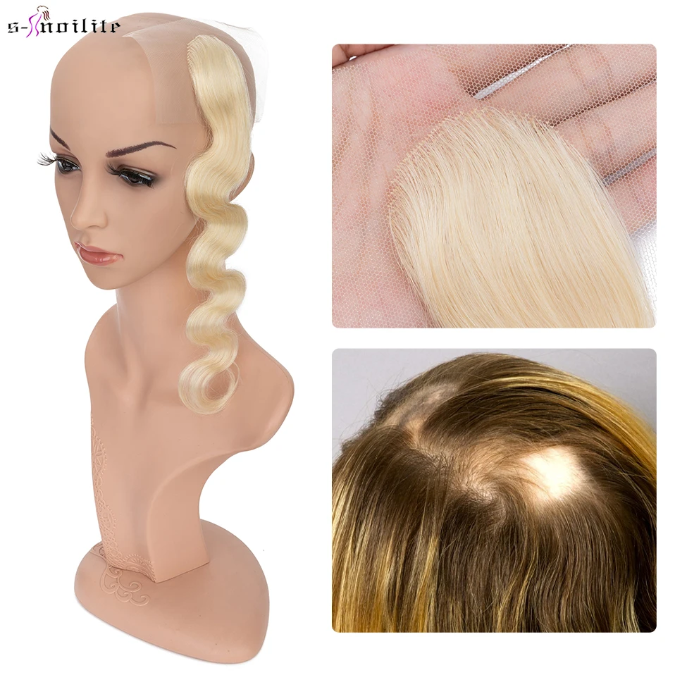 

S-noilite Wavy Hair Patch 16" Women Lace Hair Toppers Hand Single Knot Natural Human Hair Temple Replacement Invisible Prothesis