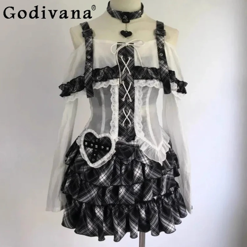 

Autumn Japanese Style Outfits Women Off Shoulder Top Plaid Cake Short Skirt Two Piece Set Female Sweet Lace Lolita Suits