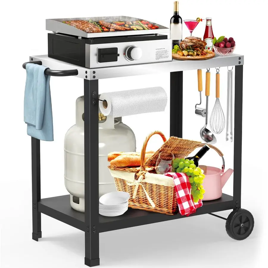 

DoubleShelve Grill Table, Stainless Steel Outdoor Grill Cart for Blackstone Griddle, Movable Pizza Oven Table for Outside Patio,