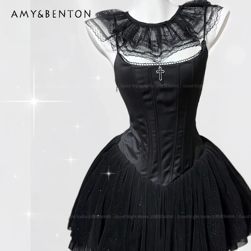 

French Black Fishbone Backless Bow Waist-Cinching Sparkling Women's Sling Dress Retro Design Sexy Elegant Sleeveless Dress Girl