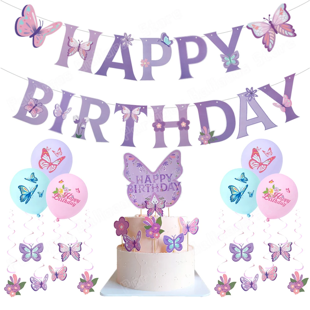 Purple Pink Butterfly Flag Cake Insert Birthday Banner Butterfly Printed Latex Global Wedding Baby Shower Birthday Party Decor
