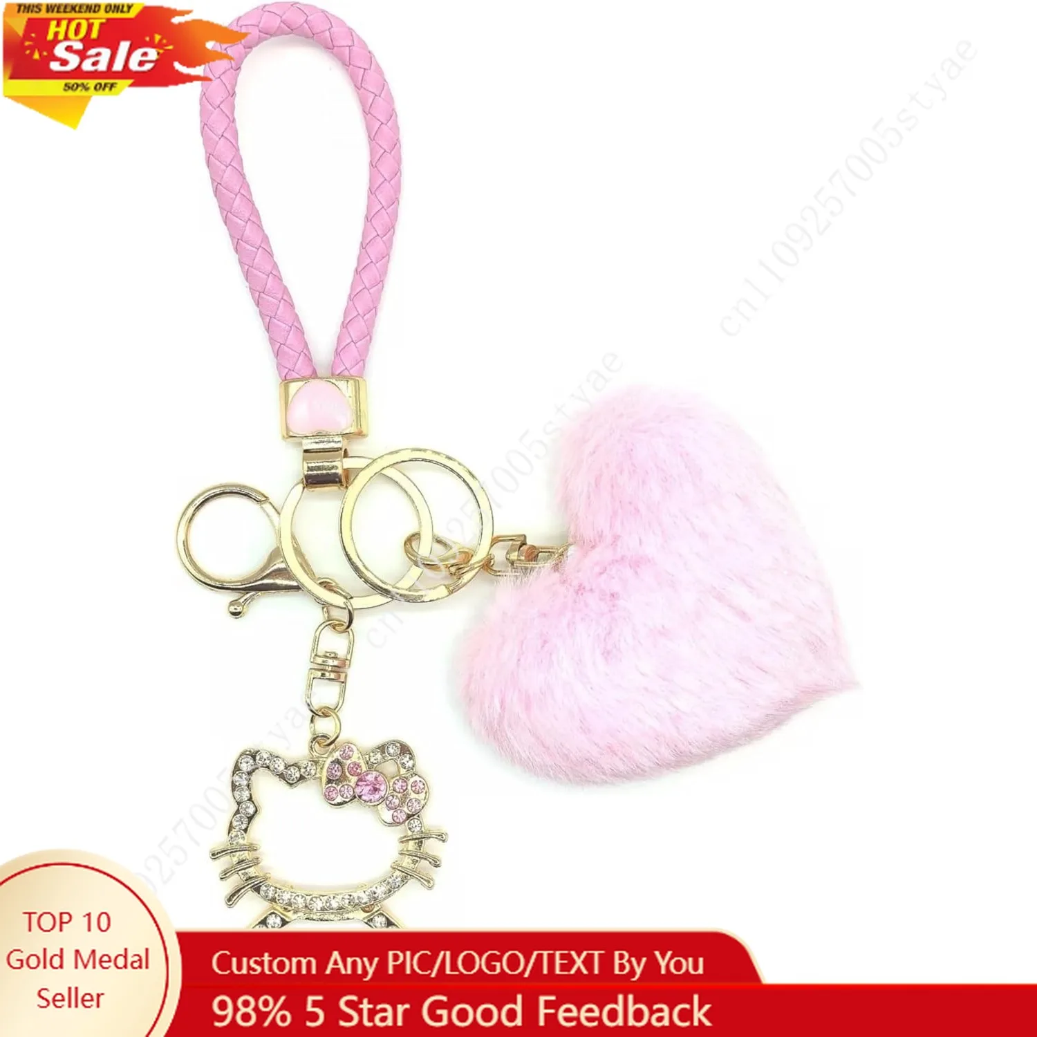 

Hello Kitty Keychain for Women Bling Keychain Accessory for Backpacks Handbags Car Keys Free Pink Pompom and Collar Included