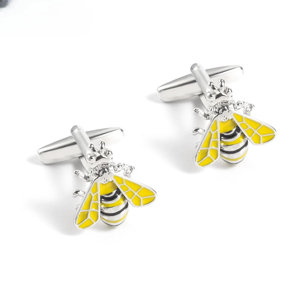 A Pair  New Yellow Enamel Insect Bee Metal Cufflinks Wholesale for Men's French Shirts Unique Metal