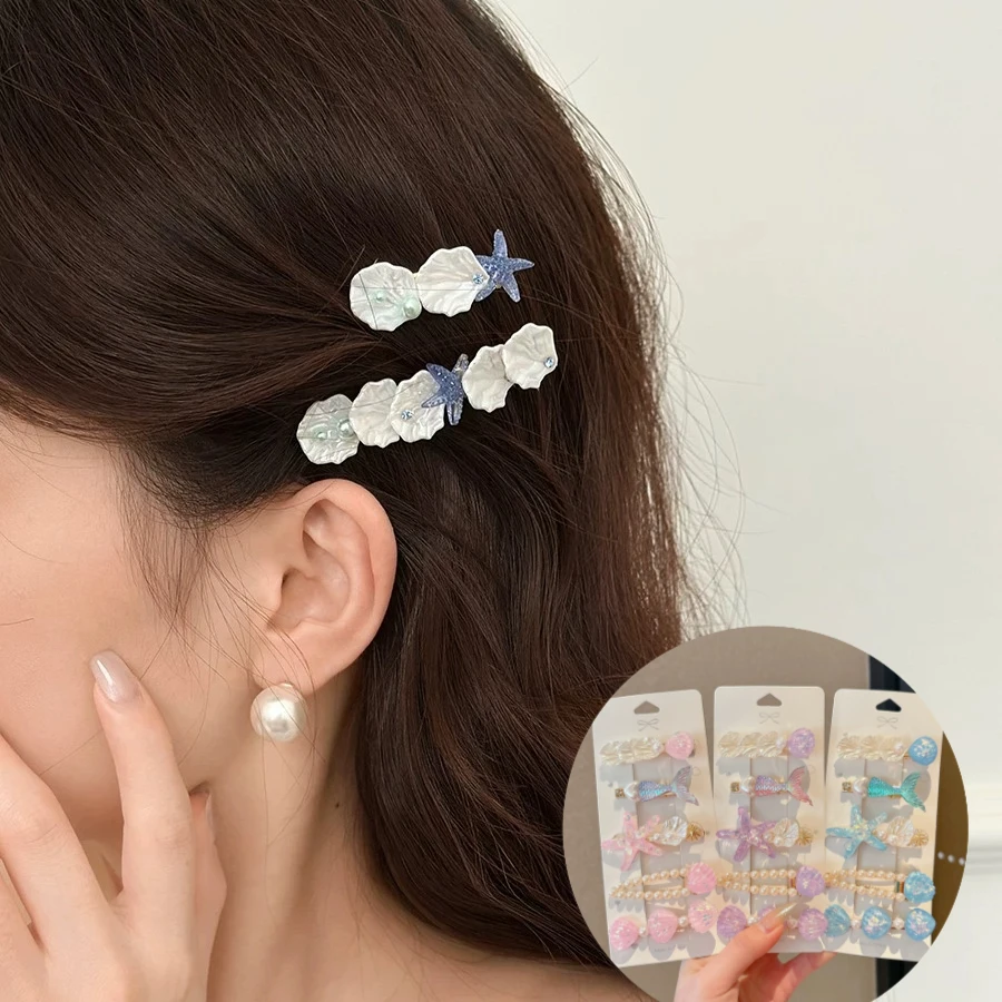 

Exquisite Starfish Hair Clip Duckbill Style Pearl Seashell Design Side Bang Clip for Women Back of Head Hairpin Trendy Gift