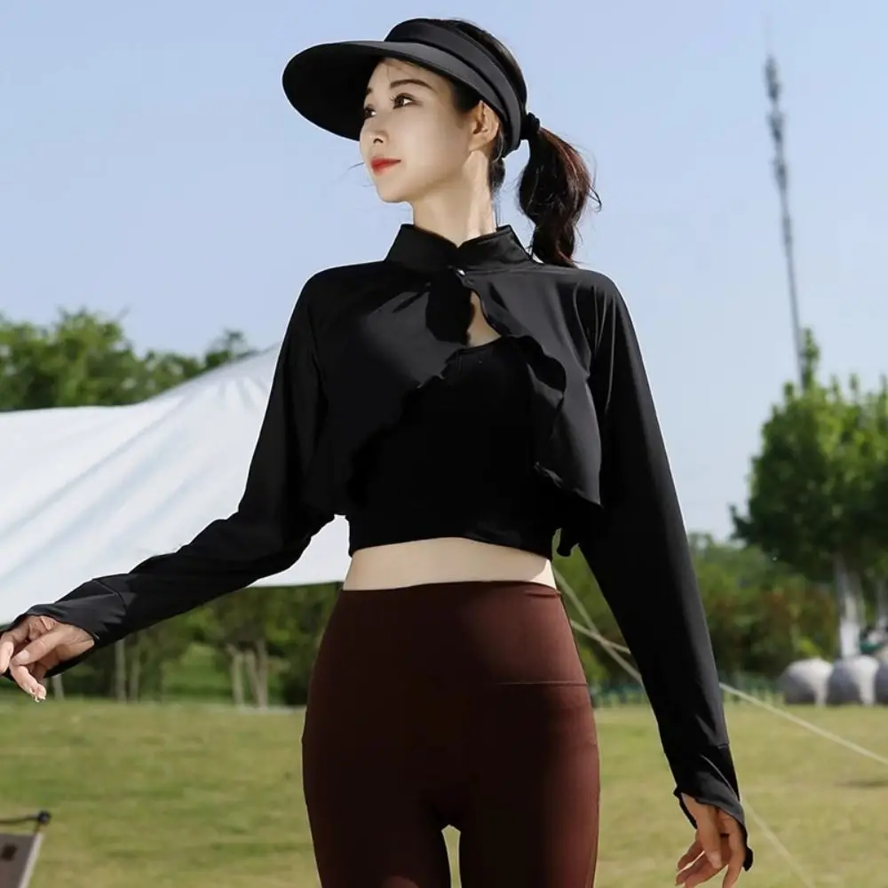 Solid Color Sunscreen Shawl Ice Silk Thin Fabric Thin Crop Top Long Sleeve Sun Protection Long Sleeve Crop Top Sun Protection