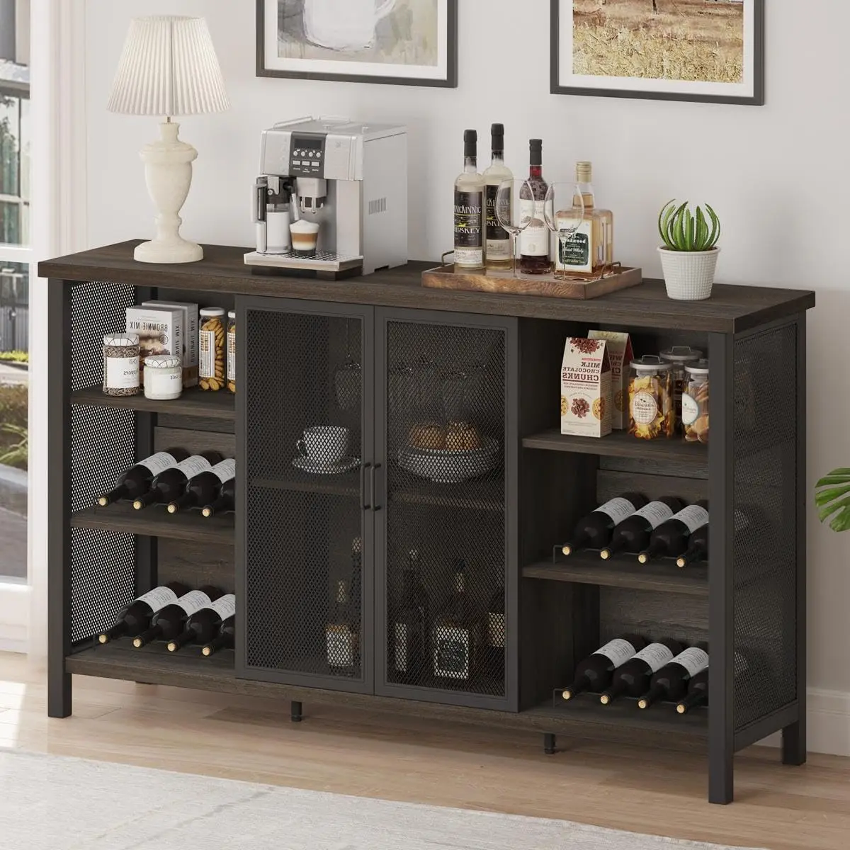 I Wine Bar Cabinet pour français ou verres, Armoire à café industrielle, Buffet de ferme et armoire de planche avec rangement