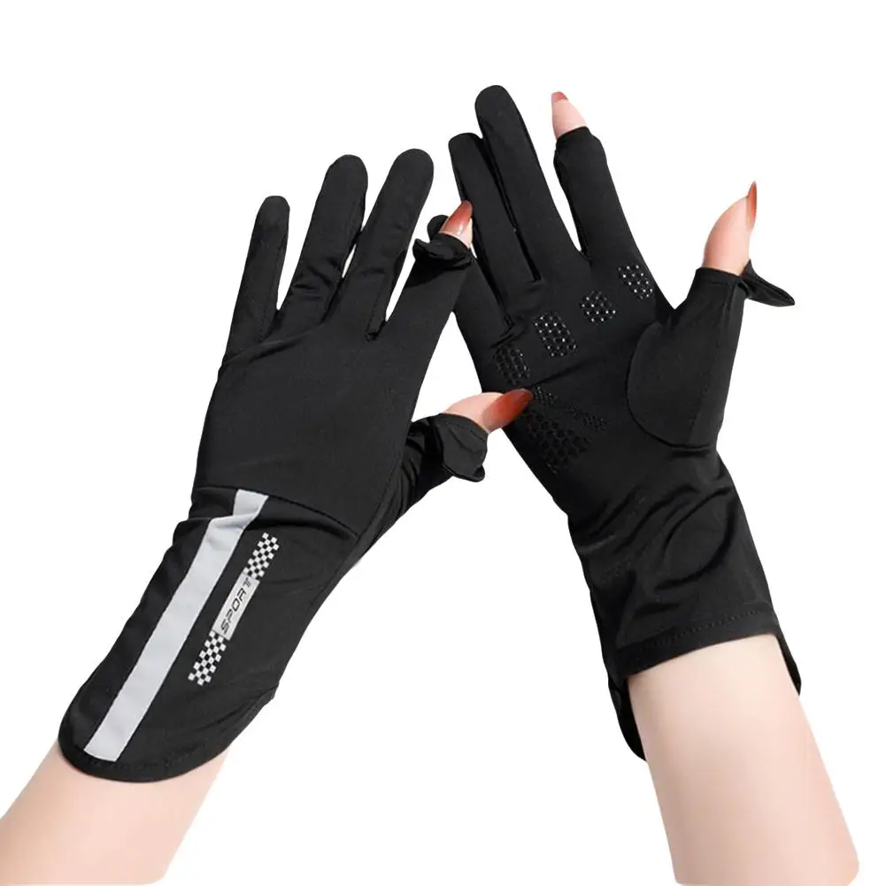 Summer Sunscreen Gloves Thin Ice Silk Anti-ultraviolet Breathable Gloves Riding Non-slip Screen Driving Dew Finger I2j8