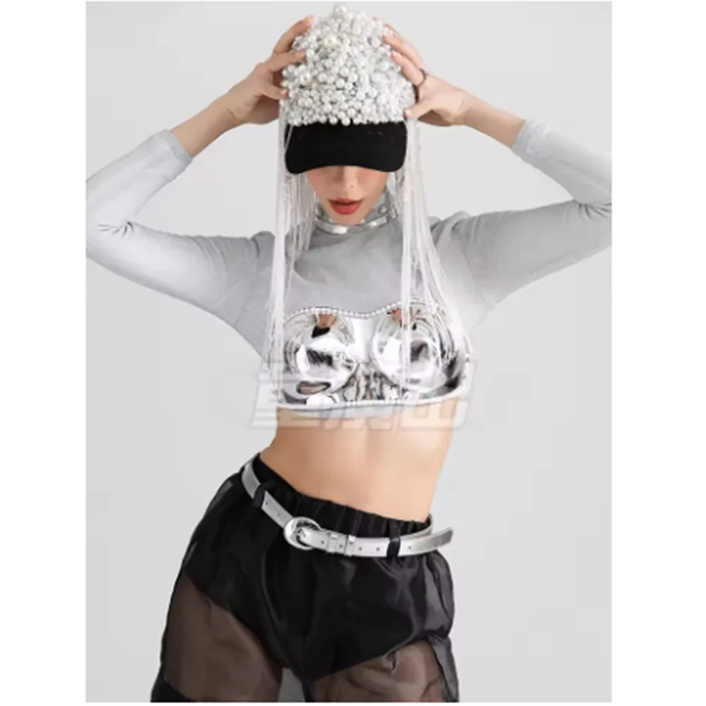 Nightclub Bar Dance Clothes Gogo Party Show Clothing Showgirl Performance Wear Gray Crop Top Black Mesh Pants Jazz Outfit yj552