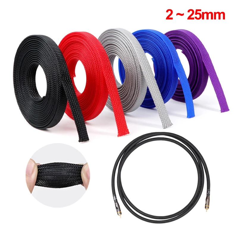Funda de cable de PET de 3/8 m, 2 mm - 25 mm, 12 colores, tubo de malla de nailon, revestimiento aislante de alambre, funda trenzada expandible de PET de alta densidad