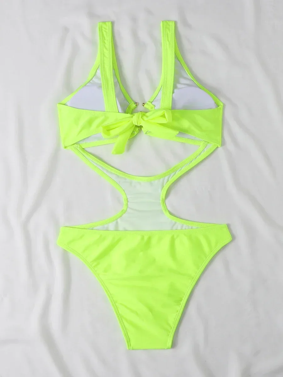 Anel ligado oco maiô de uma peça 2023 cortar banho feminino amarrar volta sem costas maiô feminino acolchoado beachwear verão