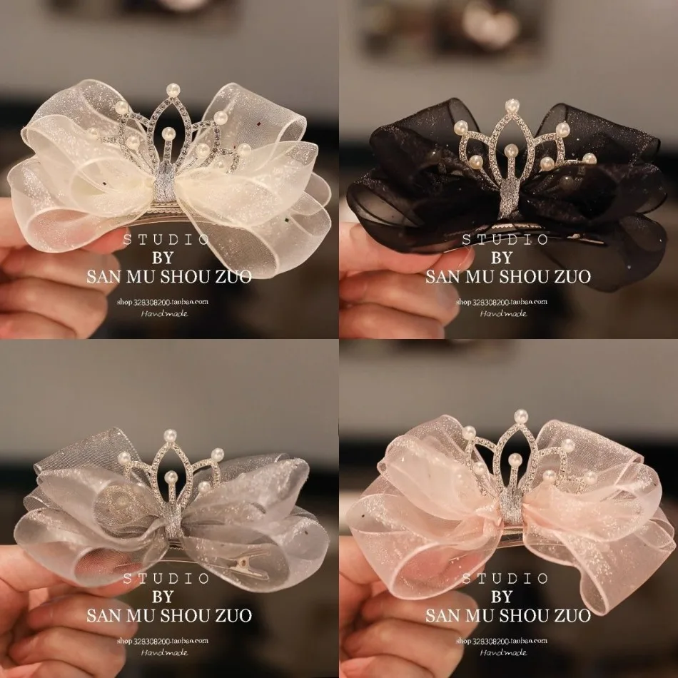 

Pearl Rhinestone Hair Clip Girls Bow Princess Crown Headwear Baby Top Clip Cute Beautiful Super Fairy Performance Hair Clip HP01