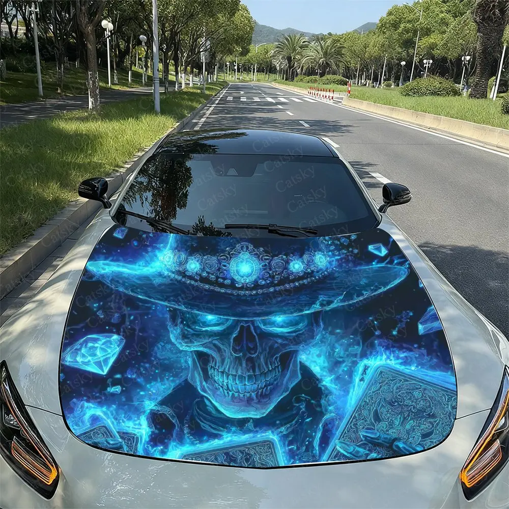 

Blue Fluorescent Card Skeleton Car Hood Wrap Colorful Vinyl Waterproof Sticker For Trucks, Decorative Bonnet Graphics And Auto A
